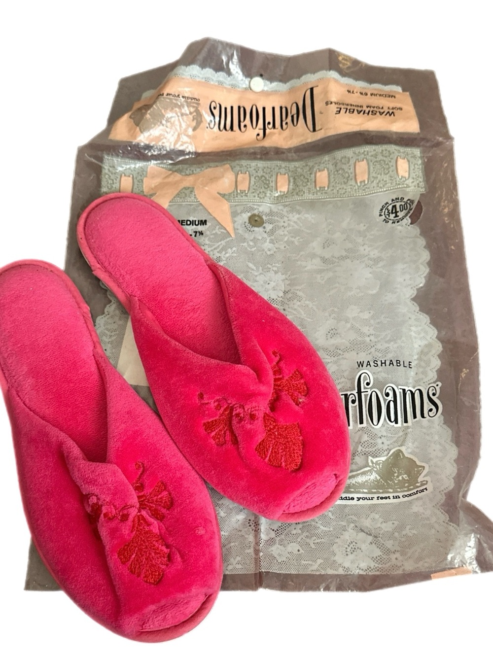 Vtg Pink Embordered Slippers Slides Boudoir House Bed Retro Shoes Sz 6.5-7.5